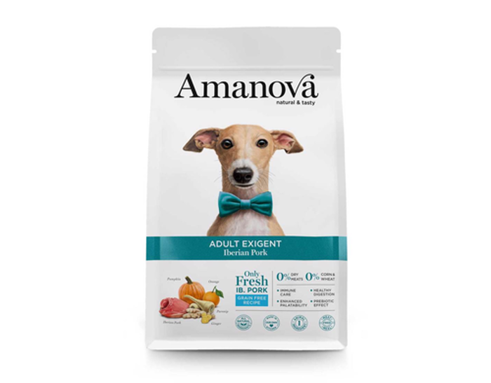 Amanova Adult Exigent Iberian Pork Grain Free Xira Trofi xoris Sitira ga Enilikous Skulous me Xoirino 10Kg